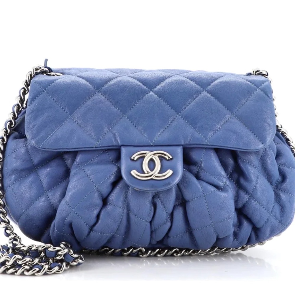 Chanel Washed Lambskin Chain Around Medium Messenger Blue Handbag Bag Purse